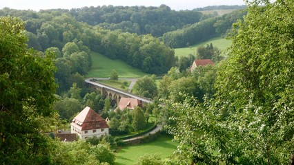 Fototapeta na wymiar landscape, village, nature, mountain, house, forest, green, Europe, mountains, town, view, trees, summer, travel, houses, rural, countryside, valley, hill, tree, castle, Germany, Rothenburg ob der tau