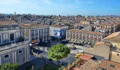 Fototapeta premium Piazza del Duomo, Sicily, Italy. 02-11-2019. A Unesco World Heritage Site, Catania's is a set piece of contrasting lava and limestone, surrounded by buildings in the unique local baroque style