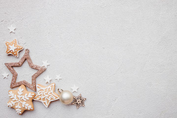 Christmas background, celebration atmosphere, New Year's eve party concept. Holiday design template with copy space. Beautiful embellishments, homemade gingerbread cookies and decorations