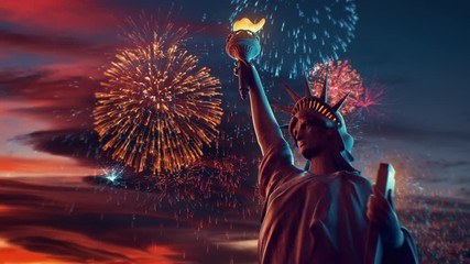 Statue of Liberty with 4th of July fireworks exploding in dusk sky background. Top quality 4K 3D animation. - Powered by Adobe