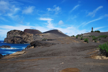 Capelinhos Volcano and a lighthouse in Faial Island, Azores, Portugal