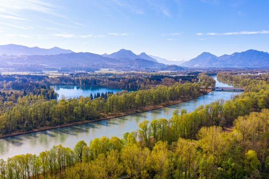 Germany, Bavaria, Raubling, Drone view of river Inn and Hochstrasser See in spring