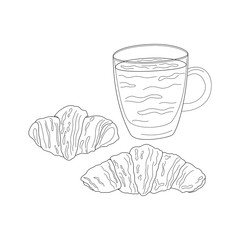 Breakfast. Croissant and coffee. Vector black and white illustration.