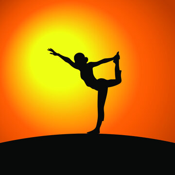 vector illustration woman on the mountain   sport yoga sunset meditation on the nature balance pose 