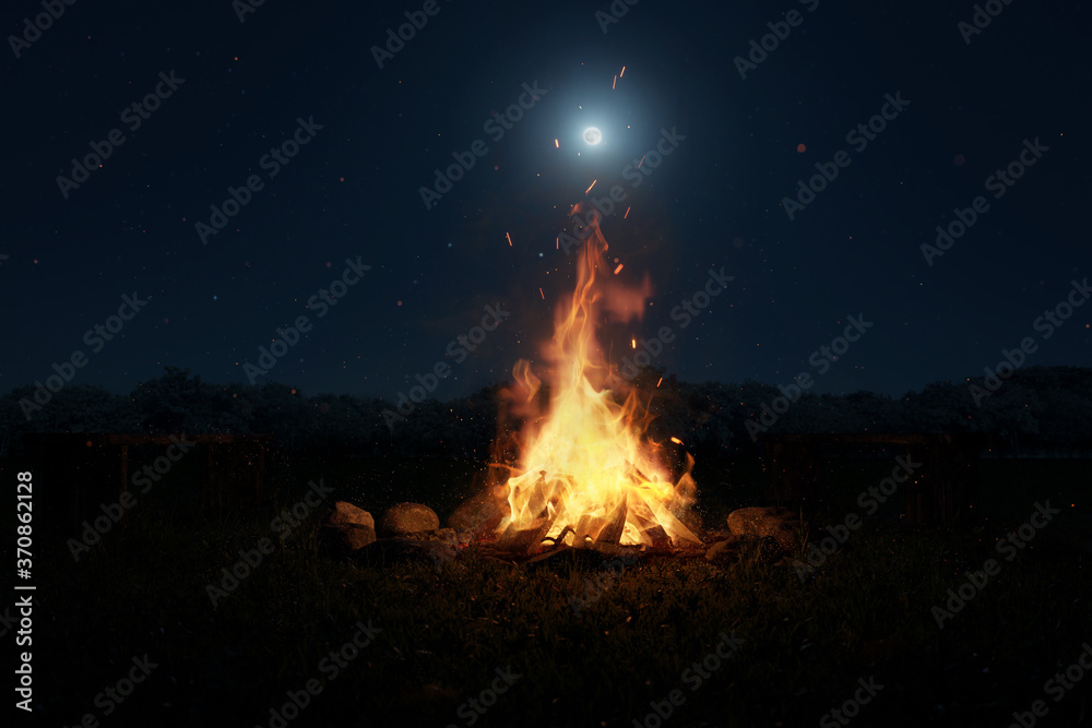 Wall mural 3d rendering of big bonfire with sparks and particles in front of forest and moonlight