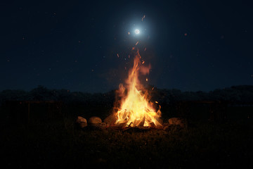 3d rendering of big bonfire with sparks and particles in front of forest and moonlight - obrazy, fototapety, plakaty