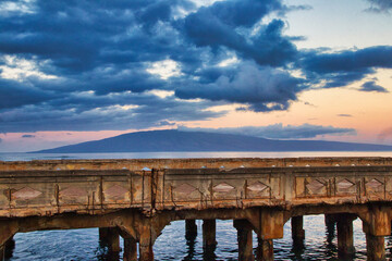 Fototapeta na wymiar View of Lanai with Mala Pier in Lahaina in the foreground.