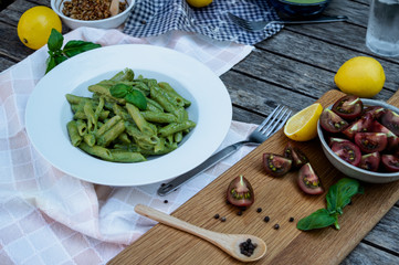 Italian penne pesto meal for one outdoors