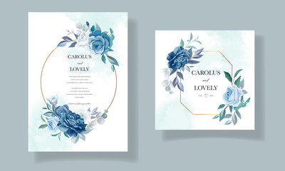 Fototapeta na wymiar Blue wedding invitation template set with beautiful floral frame and border decoration