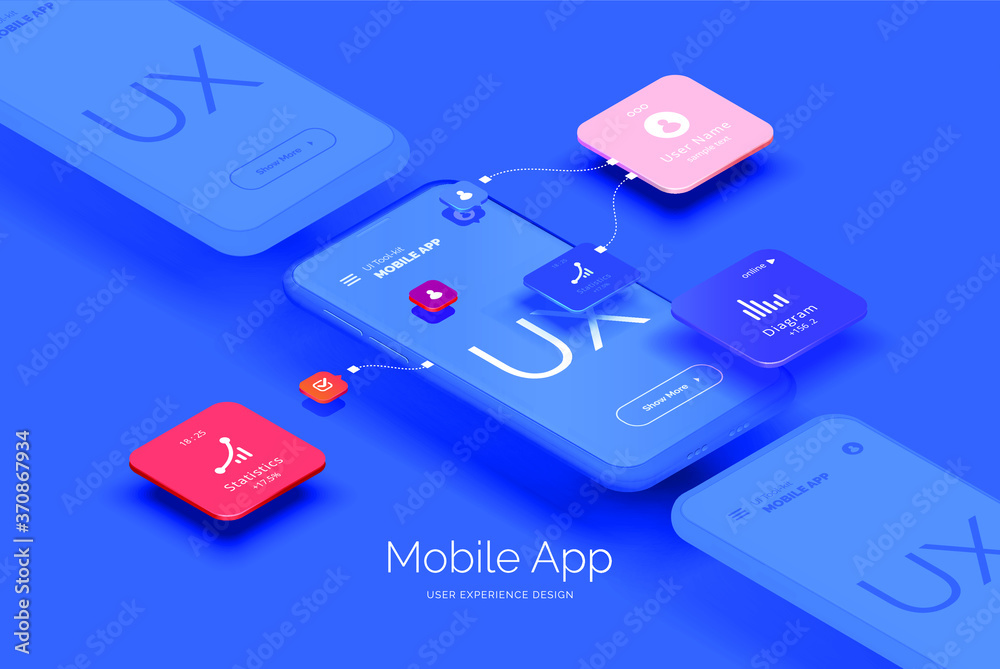 Poster Mobile application design. Mobile phone mockup with a set of tools for creating a user interface. Layered illustration with mobile phones and mobile application parts. Isometric style