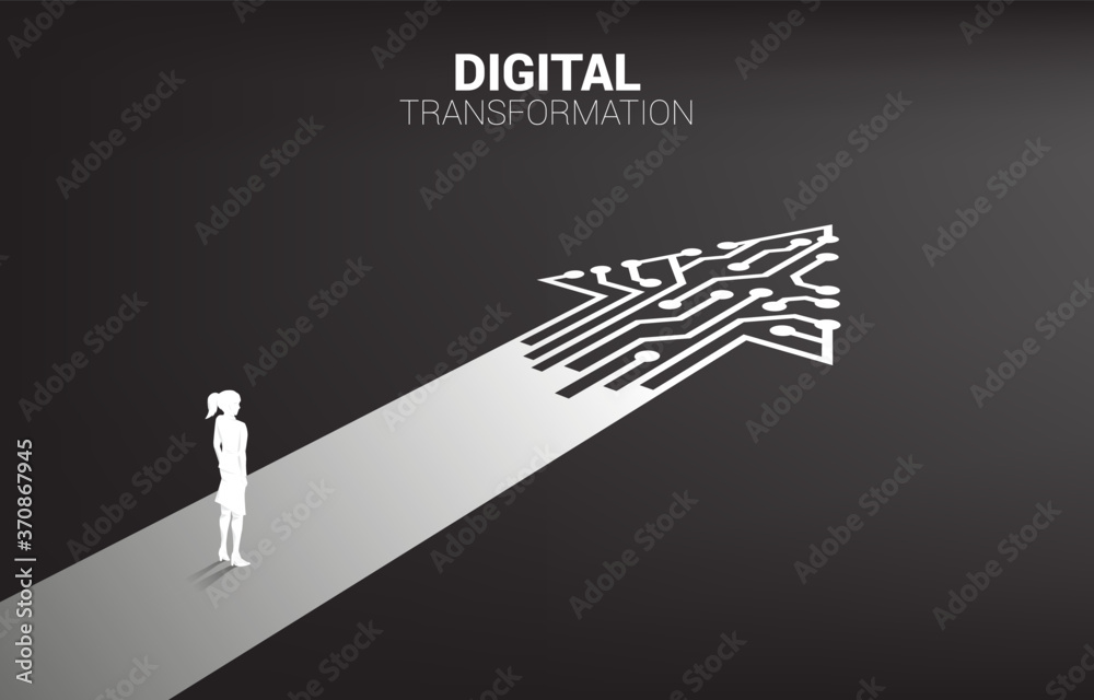 Poster silhouette of businesswoman standing on the way with dot connect line circuit. concept of digital tr