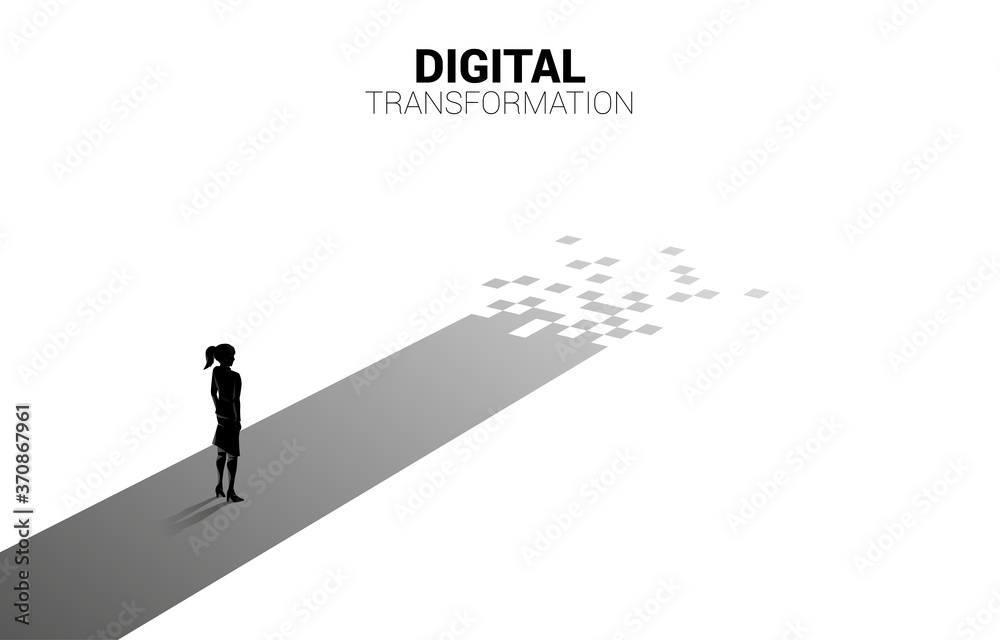 Poster silhouette of businesswoman standing on the way with pixel. concept of digital transformation of bus