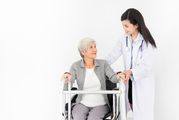 Fototapeta premium walk training and rehabilitation process, old asian stroke patient learning to uses walker with female asian doctor in hospital, elderly healthcare promotion