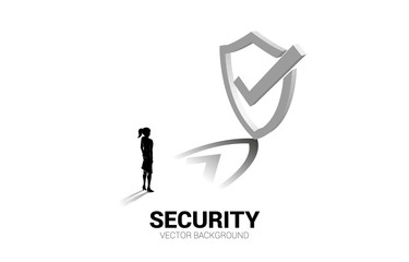 businesswoman standing with 3D Protection shield icon. concept of guard security and safety