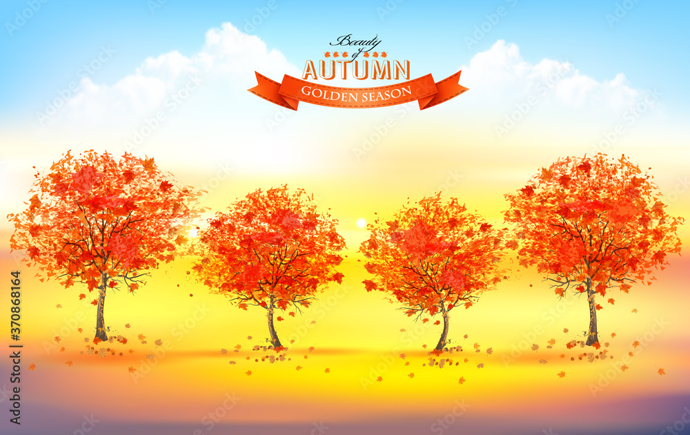 Poster beautiful autumn nature background with trees and landscape. vector.