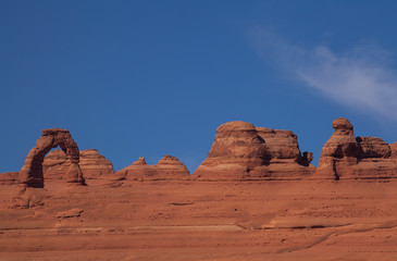 Delicate Arch and surrounding red rock formations at Arches National Park in Utah
