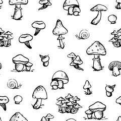 Autumn forest harvest, mushrooms doodles seamless pattern. Hand drawn vector wallpaper, sketch style. Vintage monochrome botanical background for design print, wrapping, fabric, textile, fabric, decor