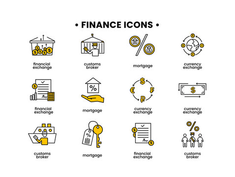 Finance icons set. Vector illustration of customs broker, mortgage, financial exchange, currency exchange icons