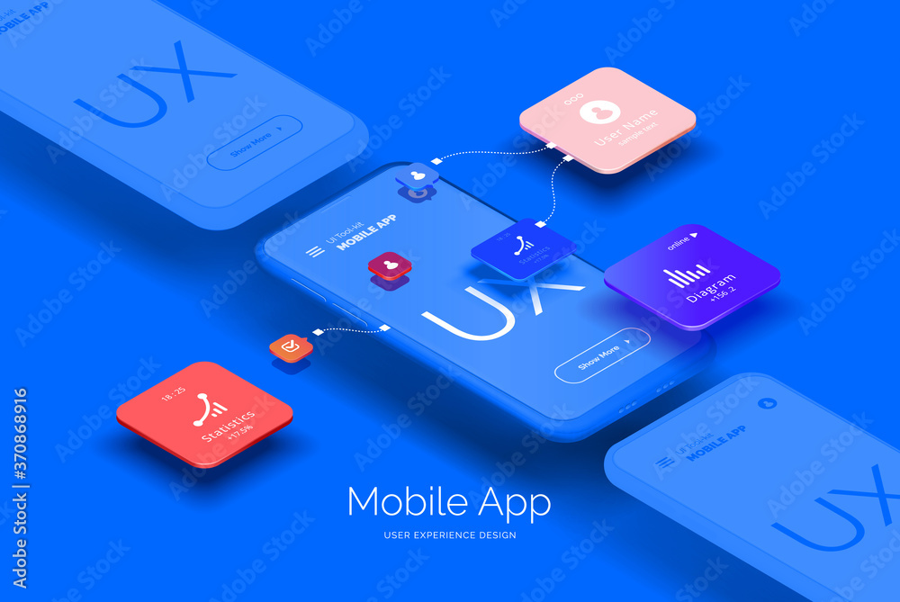 Poster mobile application design. mobile phone mockup with a set of tools for creating a user interface. la