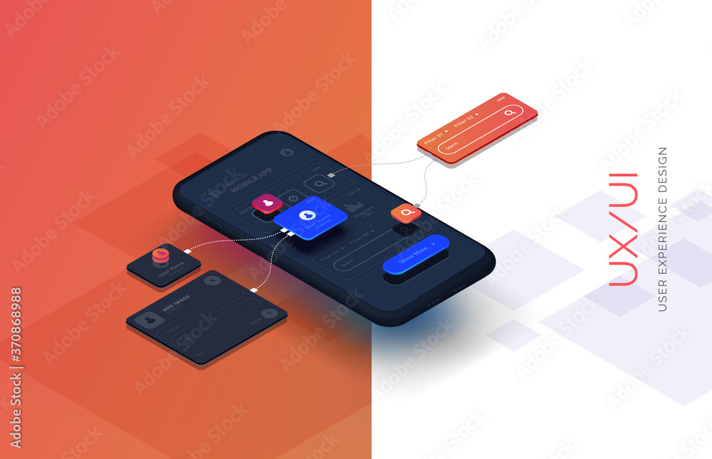 Poster black smartphone with mobile app interface design. user interface user experience development. moder