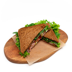 Sandwich with meat and vegetables. White background