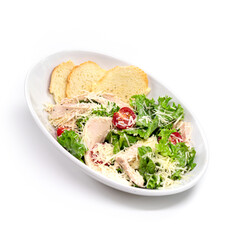 Chicken salad with, tomatoes and croutons White background