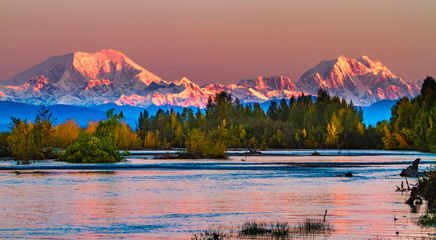 Sonnenaufgang auf Mt. Foraker und Mt. Hunter über den Susitna River mit Herbstlaub. Mount Foraker ist ein 17.400 Fuß hoher Berg in der zentralen Alaskakette im Denali-Nationalpark