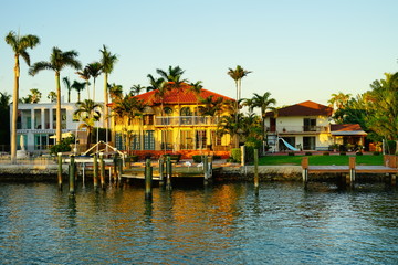 Miami downtown and beach at sun set	
