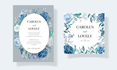 Obraz na płótnie Canvas Blue wedding invitation template set with beautiful floral frame and border decoration