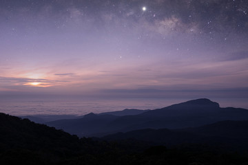 Stars and Milky Way in the dark night sky on the mountains of northern Thailand.