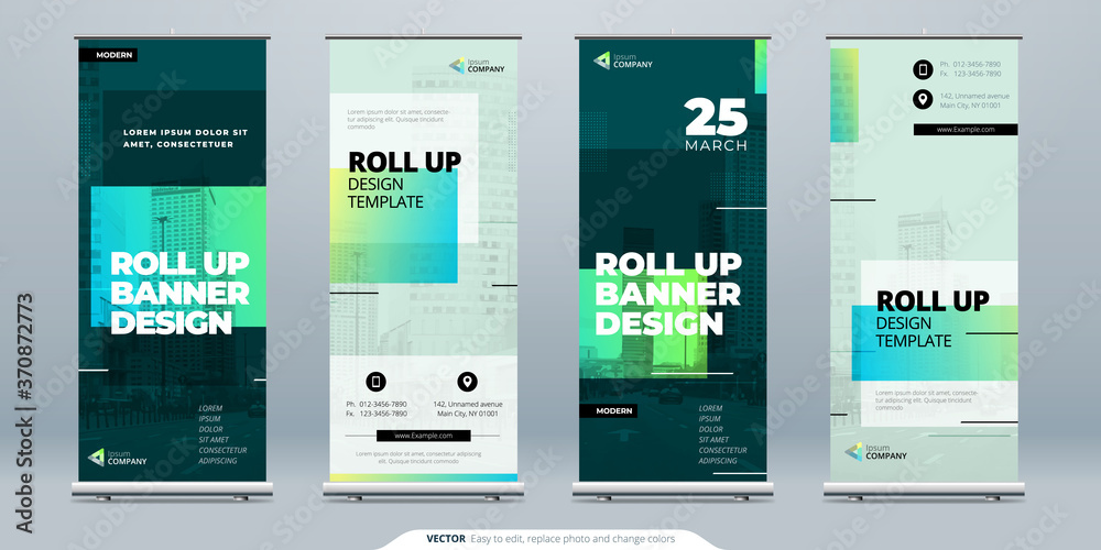 Poster green business roll up banner. abstract roll up background for presentation. vertical roll up, x-sta