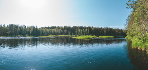 Forest lake panorama. water surface with ripples. sunny day