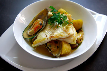 Hake with mussels and a curry veloute