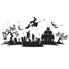 Halloween landmark Graveyard. Panorama vector illustration. Silhouette design holidays.
