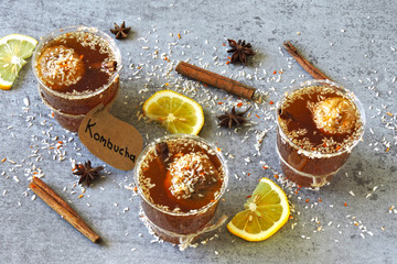 Kombucha healthy drink. Refreshing drink. Fermented foods. Probiotics.