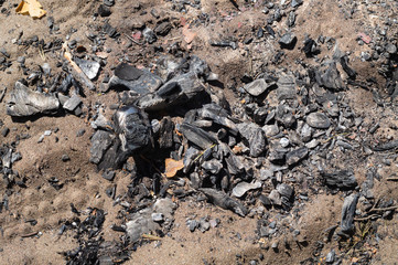 Ash and coal after bonfire. place for fire