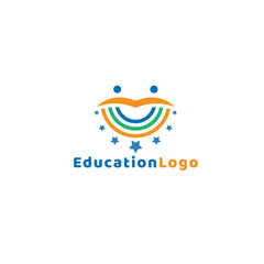 Education logo concept for tow happy kids stand on books as background sun symbol, education symbolic logo vector design