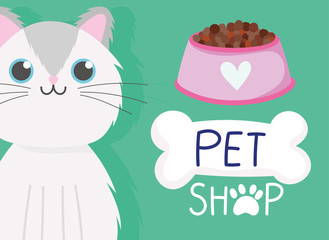 pet shop, cute white cat bowl with food green background