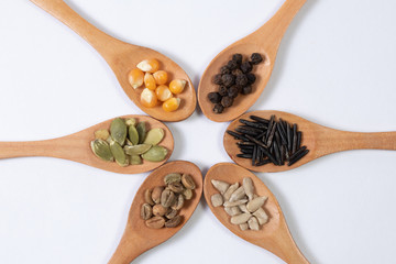 Different seeds -maize, squash, coffee, pepper, rice, sunflower- in wooden spoons on a white surface