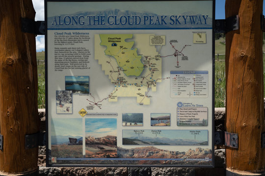 Bighorn Mountains, Wyoming - June 23, 2020: Information storyboard sign giving tourists a map and details of the Cloud Peak Skying (US Highway 16) in the Bighorn National Forest