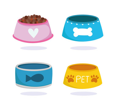 pet shop, animal domestic cartoon food in bowls for dog and cat