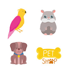 pet shop, cute dog hamster bird bone icons cartoon white background