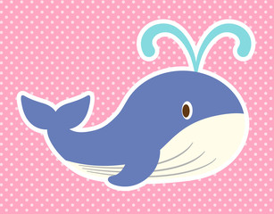 潮を吹く青いクジラのイラスト【白フチ】