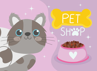 pet shop, spotted gray cat and bowl food cartoon domestic animal