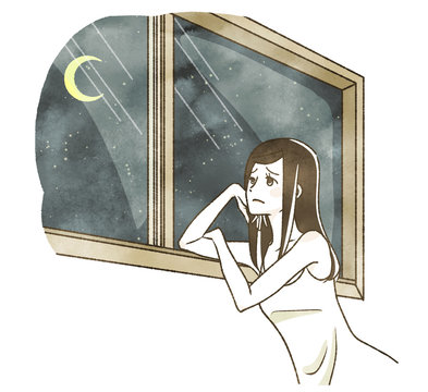 a woman looking out the window at night - ???????????