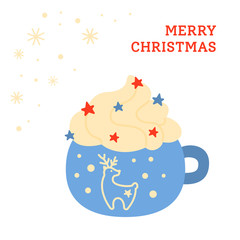 Christmas cup flat hot drink. Greeting Merry Christmas postcard. Cartoon beverage. Holiday cute mug hot cocoa, coffee and cream. New year drink decorated deer and candy. Isolated vector illustration