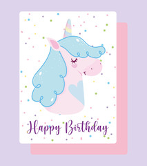 happy birthday unicorn cartoon rainbow horn dotted background card