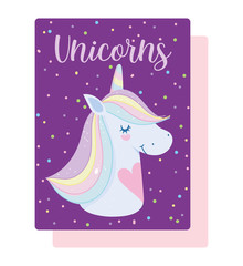 unicorn magic fantasy cartoon greeting card purple dots background