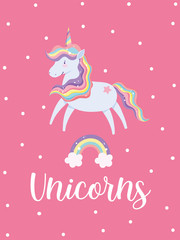 cute unicorn cartoon rainbow hair tail clouds magic card