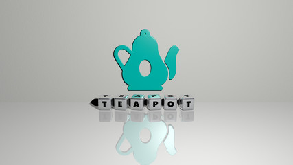 teapot text of cubic dice letters on the floor and 3D icon on the wall. 3D illustration. background and cup